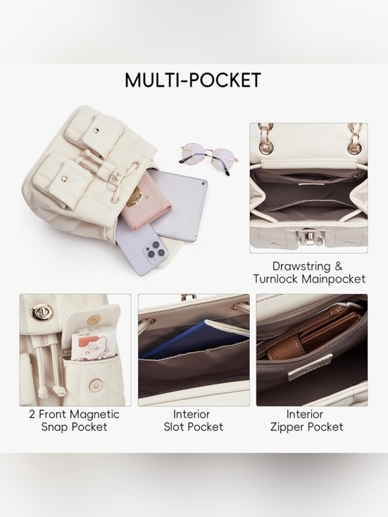 1 Left!! Ivory White Quilted Drawstring Backpack with Chain Strap main image 4